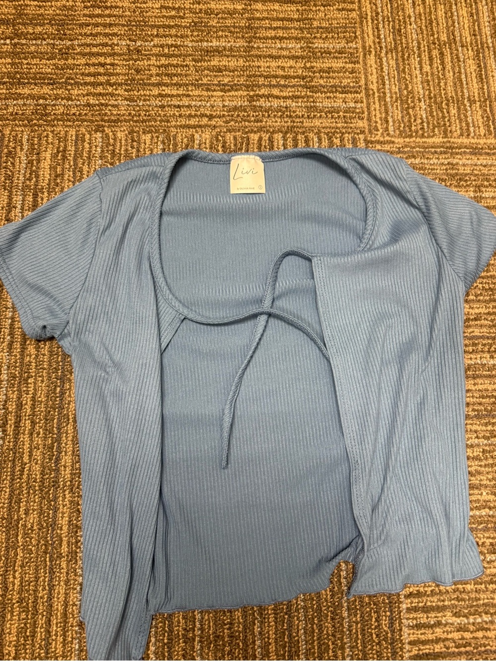 Ribbed Tie-Front Top in Dusty Blue